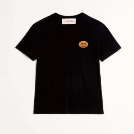 Valen*tino Spring/Summer 2025 New Collection - Leather Patch Hardware V Logo Embroidered Short-Sleeved T-Shirt