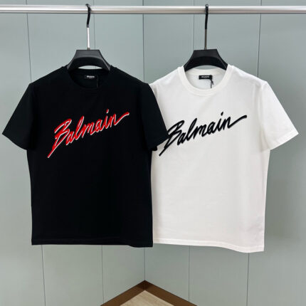 Bal*man 25 Spring/Summer New Collection Handwritten Letter Patterned Felt Embroidery Printed Label Short-Sleeved T-Shirt