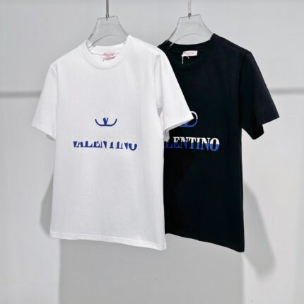 Luxury-lite style casual daily commuting outfits for men and women, featuring a Valen*tino pure cotton crew-neck short-sleeved T-shirt.