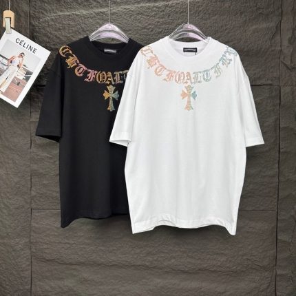 Chrome Hear*ts 2025 New Style Collar Diamond Embroidered Sanskrit Logo Couple's Short-Sleeved T-Shirt (For Both Men and Women)