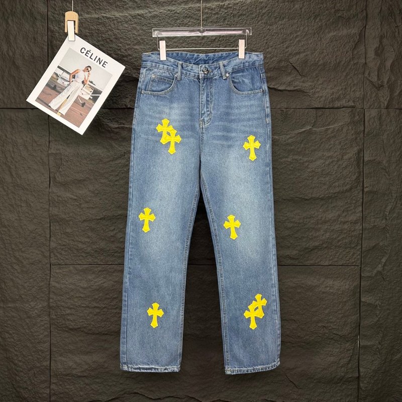 Chrome Hear*ts 2025 New Yellow Cross-Striped Leather-Lined Couple Style Washed Denim Pants