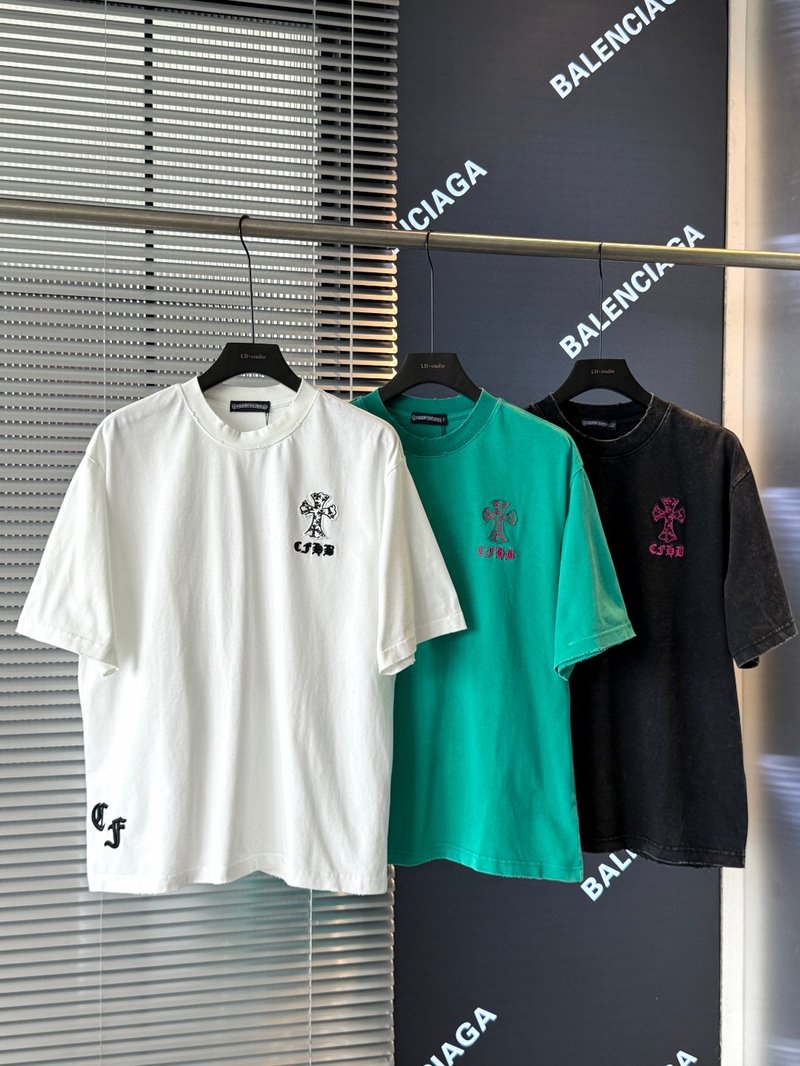 Chrome Hear*ts 2025 Cross-Strip Patch Embroidery Summer New Style American Rustic Antique Laser Burned Flower Patch Embroidered Couple Casual Short-Sleeved T-Shirt