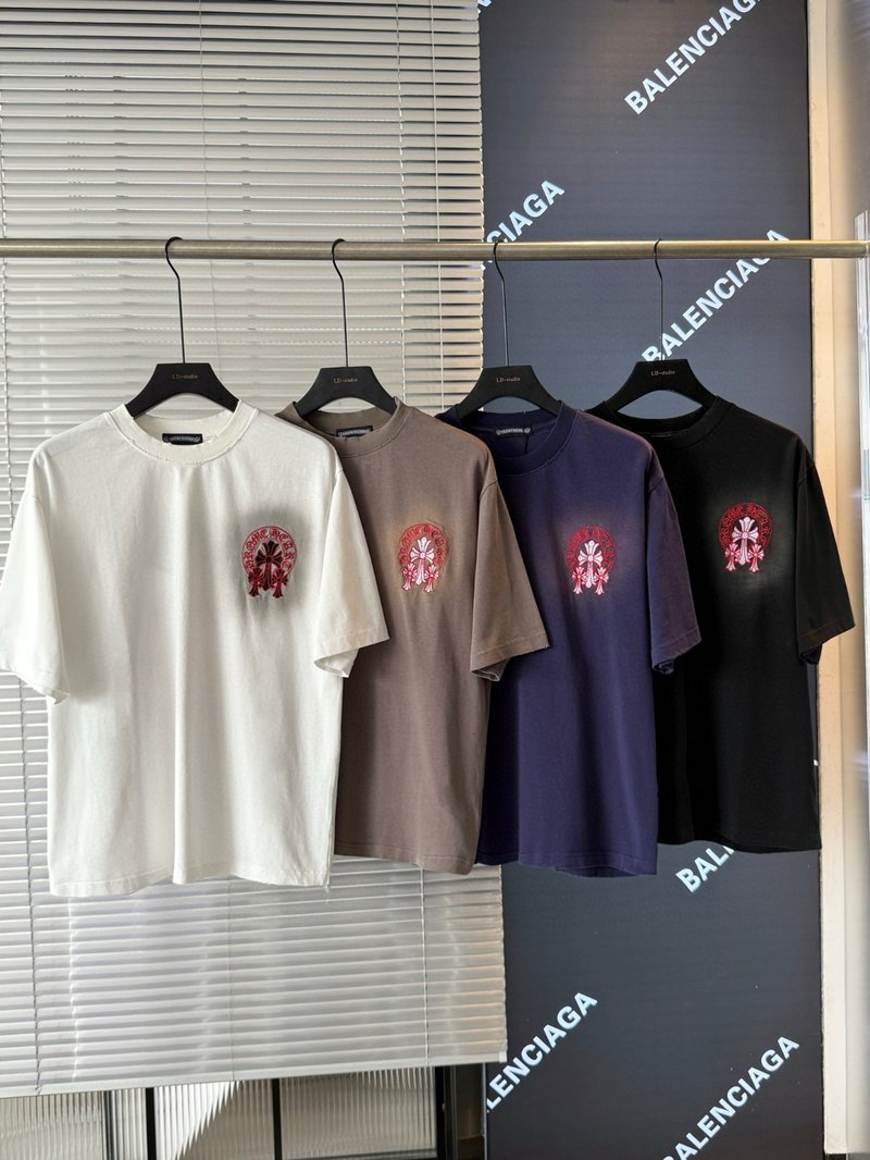 Chrome Hear*ts 2025 Cross-Strip Patch Embroidery Summer New Style American Rustic Antique Laser Burned Flower Patch Embroidered Couple Casual Short-Sleeved T-Shirt
